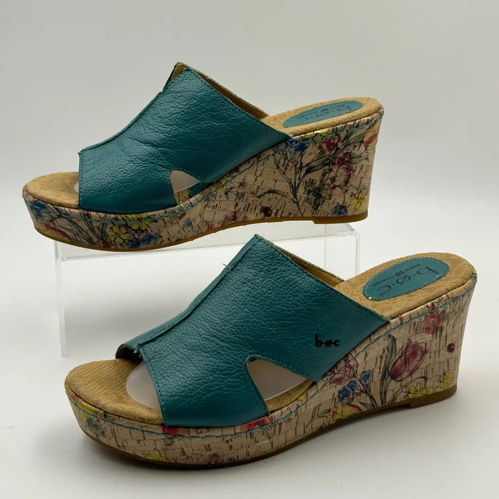 b.o.c. Wedge Sandals Womens 9 Teal Floral Cork Platform Mules C42613 Boho Summer